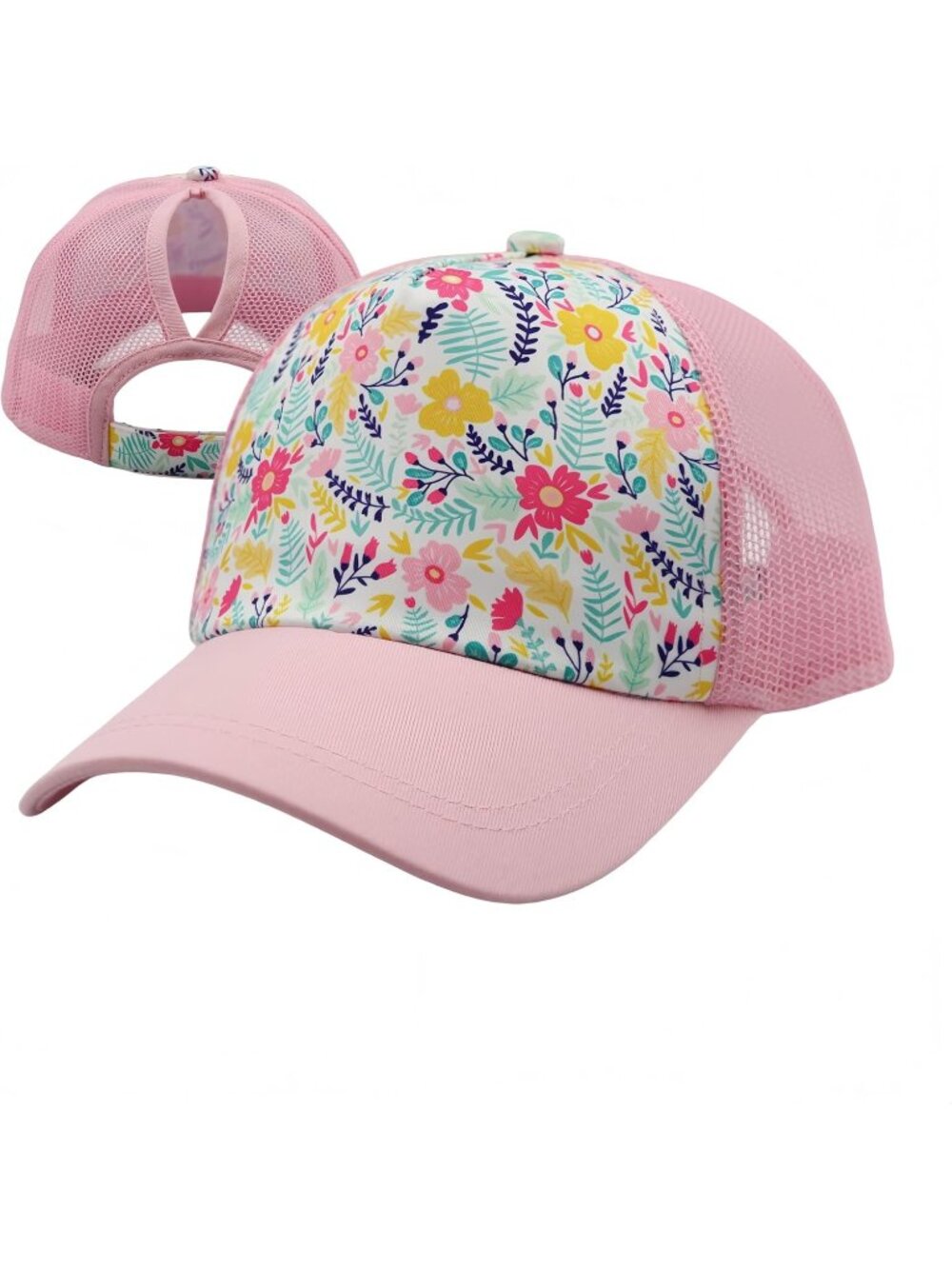 〽️Women Pink Flower High Ponytail Baseball Cap Trucker Bad Hair Day Adjustable